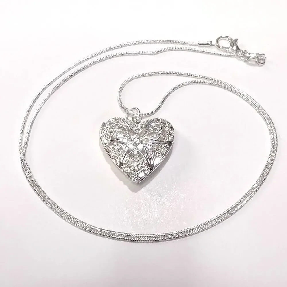 925 Silver Necklace Heart Locket Star Lattice Pattern Valentines Birthday Gift - Picture 5 of 8
